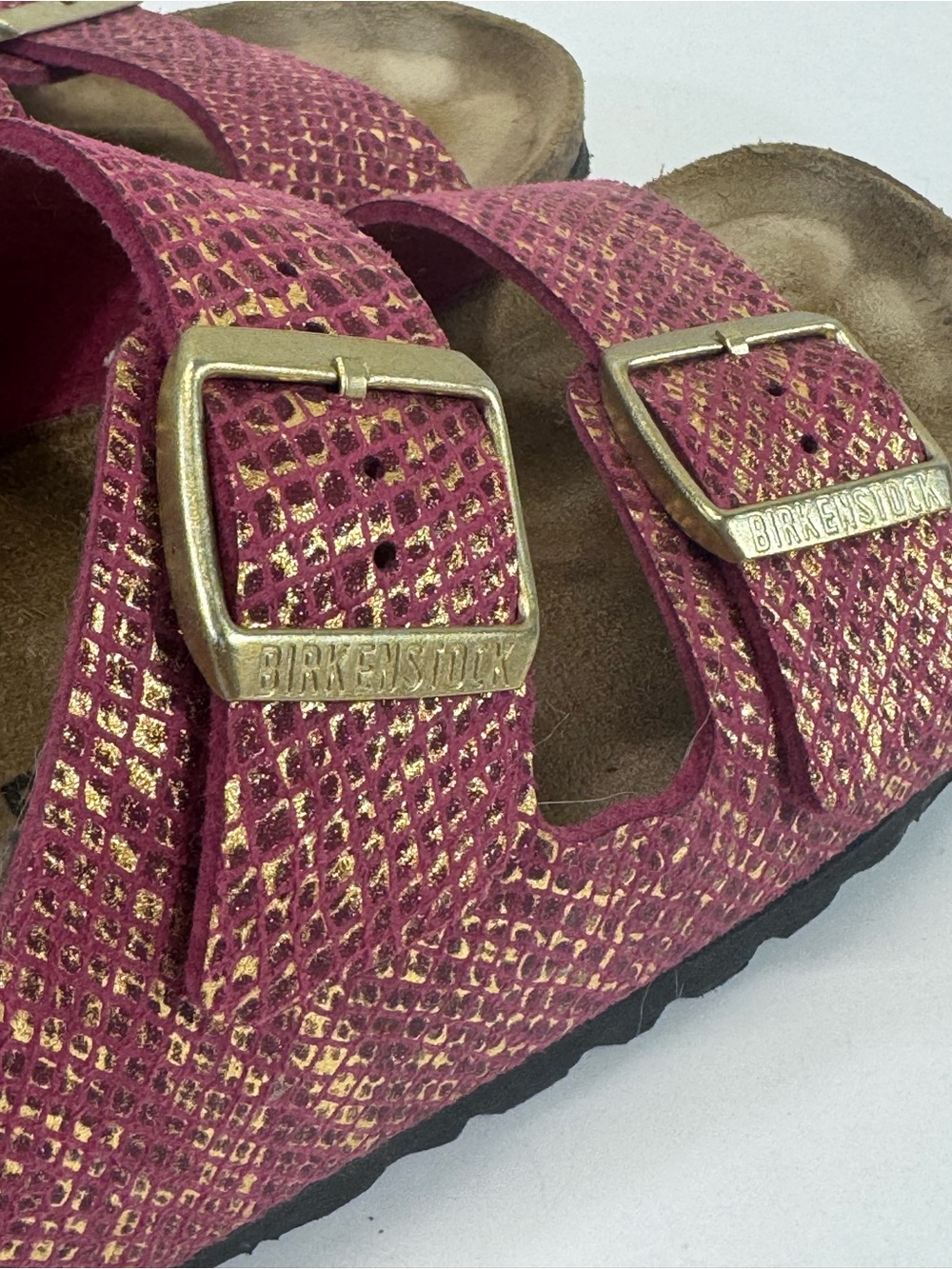 Birkenstock 41 Arizona Metallic Pink & Gold Snake-Print Sandals Womens 10 - Picture 7 of 9